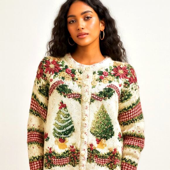 Vintage 90s Embellished Christmas Tree Holiday Sweater Eclectic Grandpa Artsy LG - Picture 1 of 15